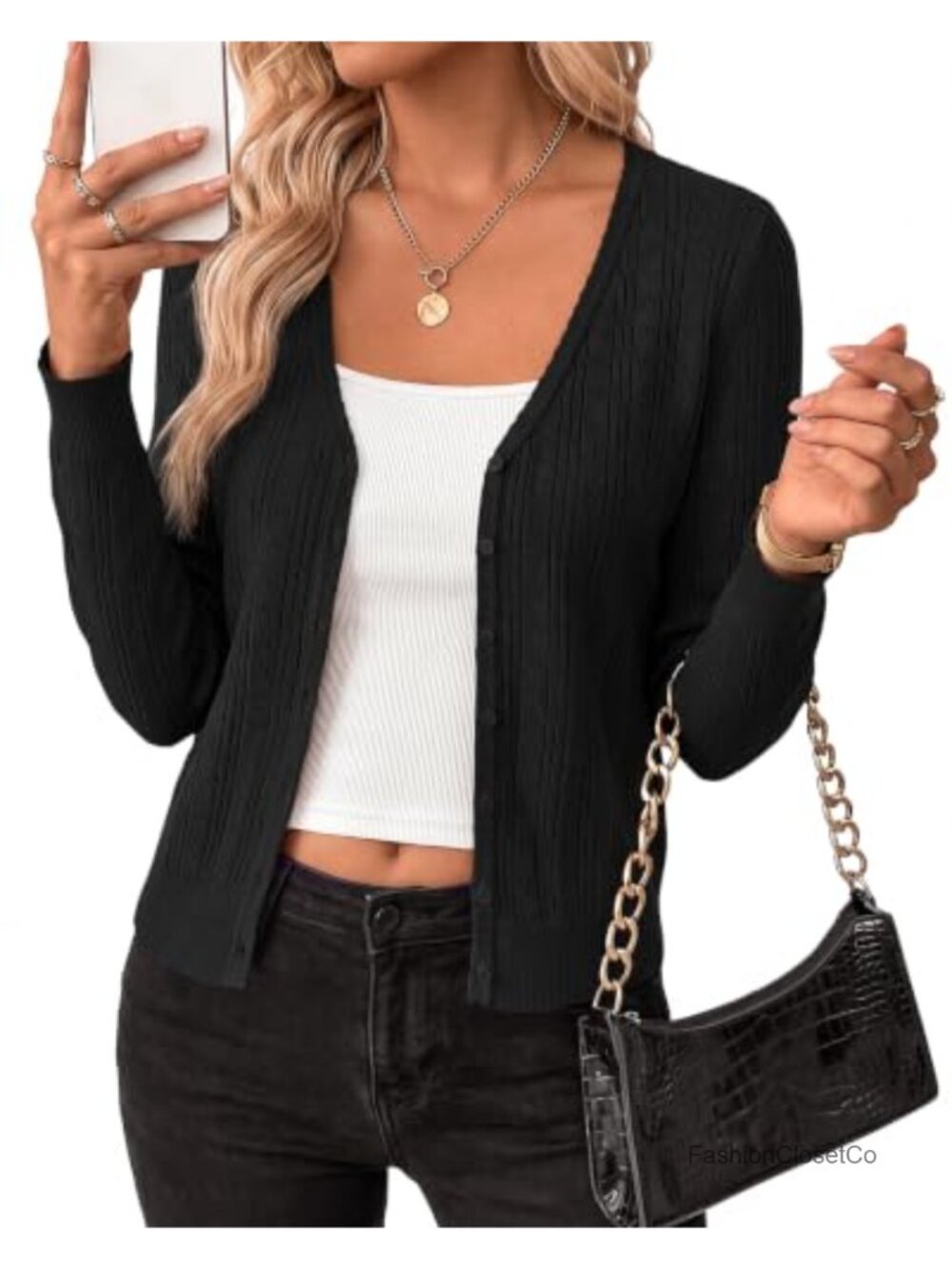 Fitted Lightweight Button Cardigan V-Neck Pointelle Knit Sweater